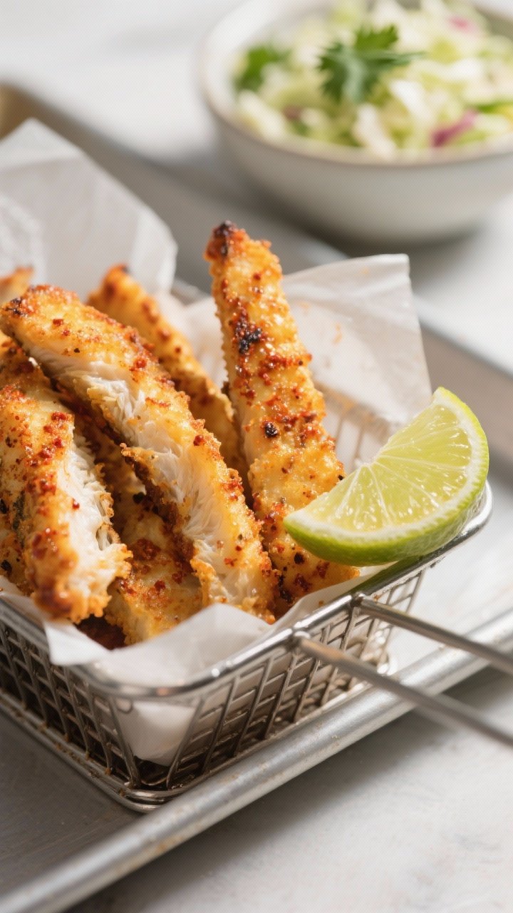 Close-up detail: Crispy air-fried spicy fish strips just out of the basket, light char and paprika-c