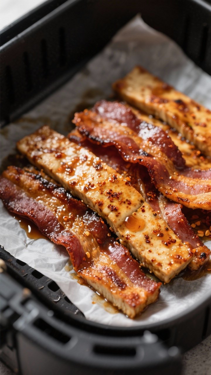 Close-up detail: Crispy air-fried tempeh bacon strips just out of the basket, edges deeply browned w