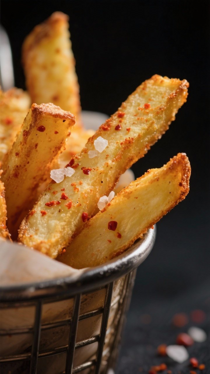 Close-up detail: Crispy air-fried turnip fries fresh from the basket, golden-brown edges with visibl