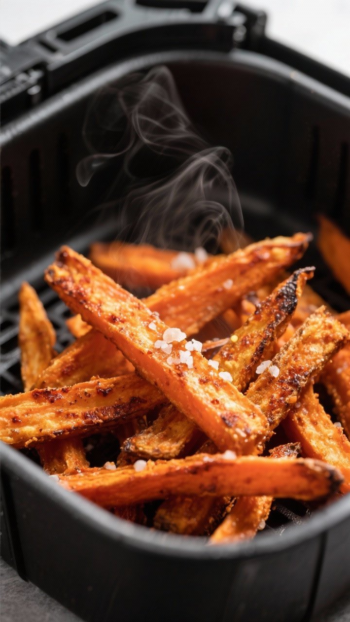 Close-up detail: Crispy air fryer carrot fries just out of the basket, edges lightly charred and car