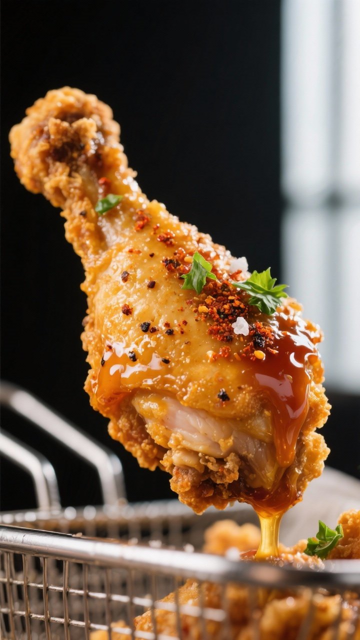 Close-up detail: Crispy air fryer chicken lollipop fresh from the basket, golden blistered skin with