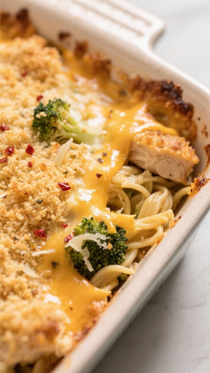 Close-up detail: Crispy, golden breadcrumb-cheese crust on an air fryer broccoli, chicken, and noodl