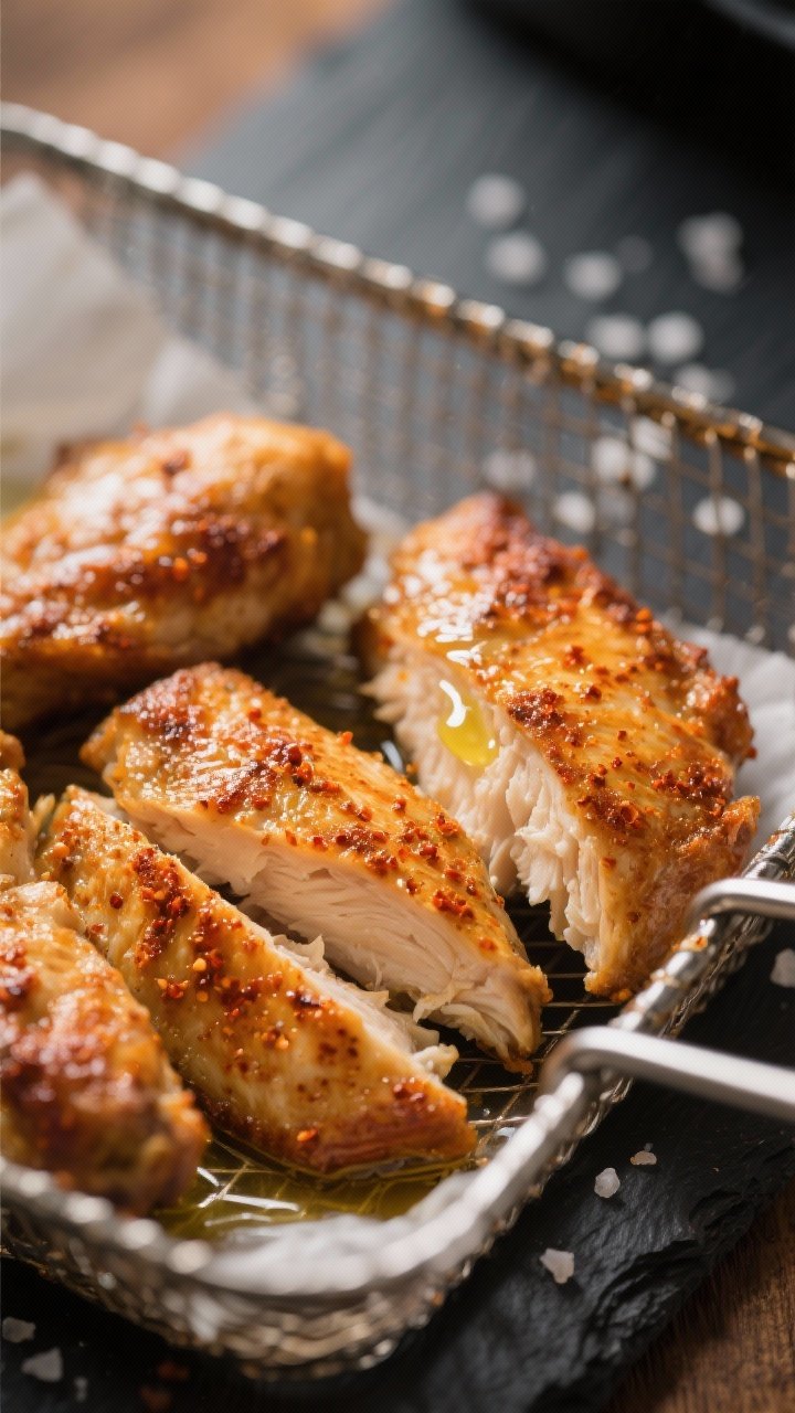 Close-up detail: Crispy-skinned air-fried harders just out of the basket, skin blistered and golden 
