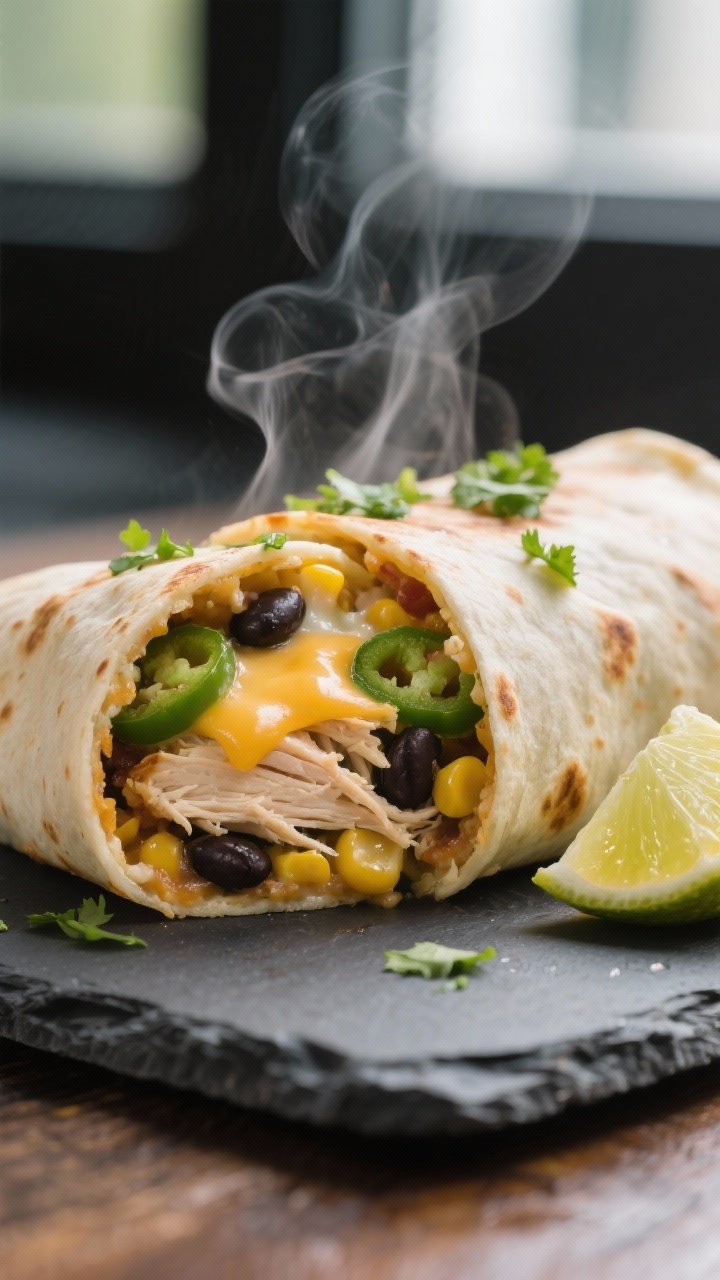 Close-up detail — cut-open interior: Extreme close-up of a halved air-fried chicken chimichanga on
