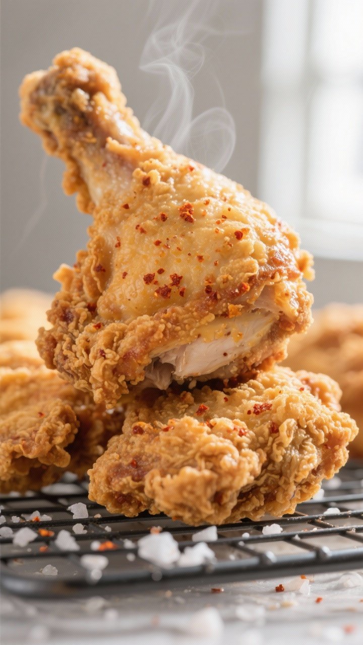 Close-up detail: Extra-crispy air fryer buttermilk fried chicken thigh just out of the basket, golde