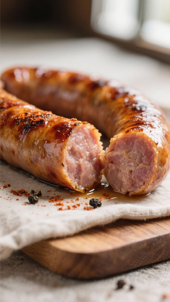 Close-up detail: Extreme close-up of a cooked pork sausage link just after resting, split end showin