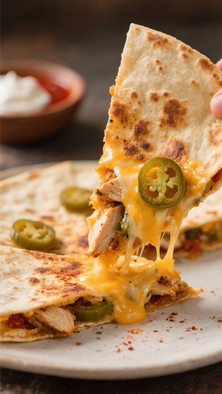 Close-up detail: Extreme close-up of a single quesadilla wedge being lifted, showcasing gooey melted