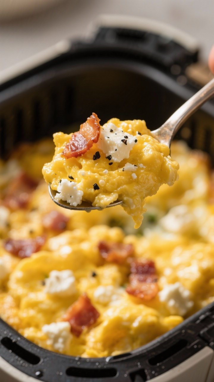 Close-up detail: Extreme close-up of a spoonful of scrambled eggs lifted from the dish, showing crea
