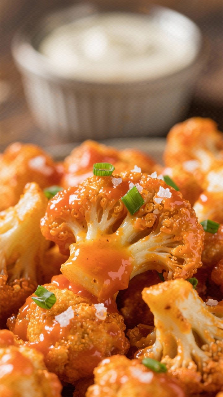 Close-up detail: Extreme close-up of air-fried cauliflower florets coated in the Buffalo sauce, show