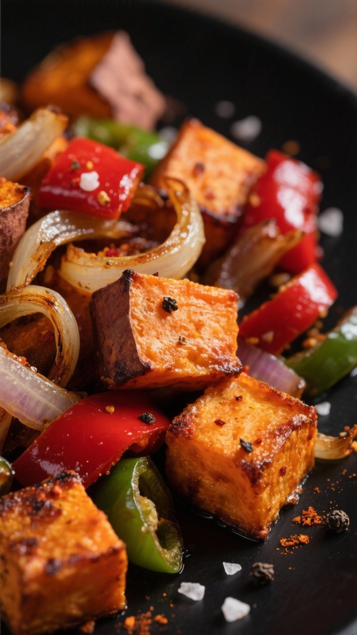 Close-up detail: Extreme close-up of crispy sweet potato cubes with blistered edges and caramelized 