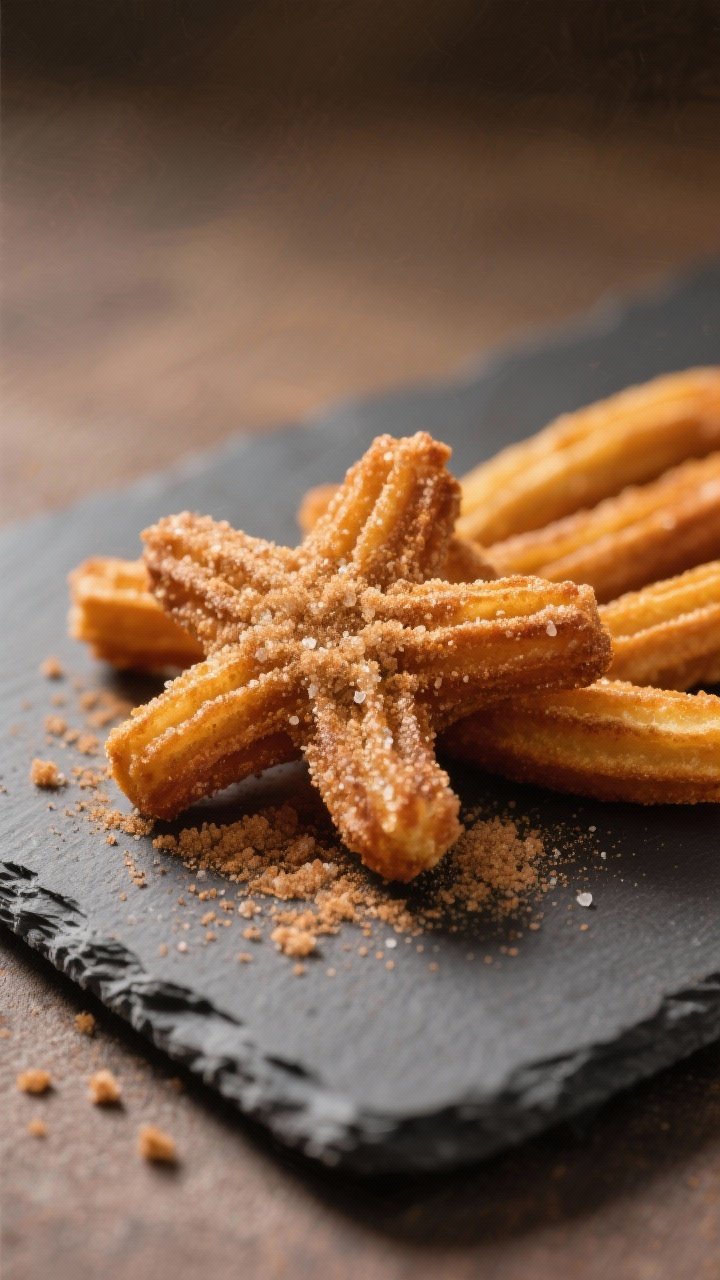 Close-up detail: Freshly air-fried churros just tossed in cinnamon sugar, showcasing deep golden rid