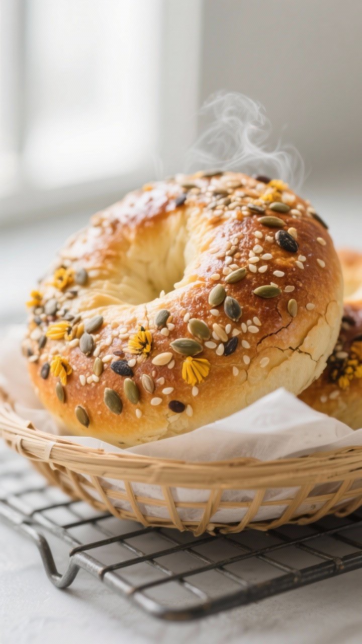 Close-up detail: freshly air-fried mixed seed bun just out of the basket, golden-brown crust with gl