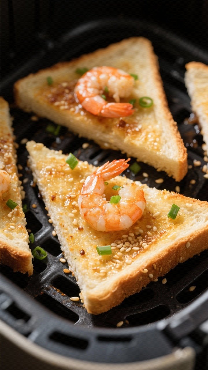 Close-up detail: Freshly air-fried prawn toast triangles prawn-side up in the air fryer basket, sesa