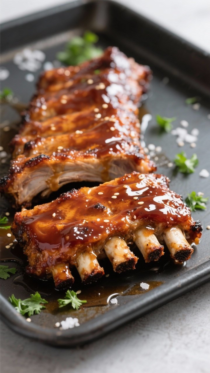 Close-up detail: Glazed air-fried baby back ribs just after the 400°F saucing set, showing sticky c