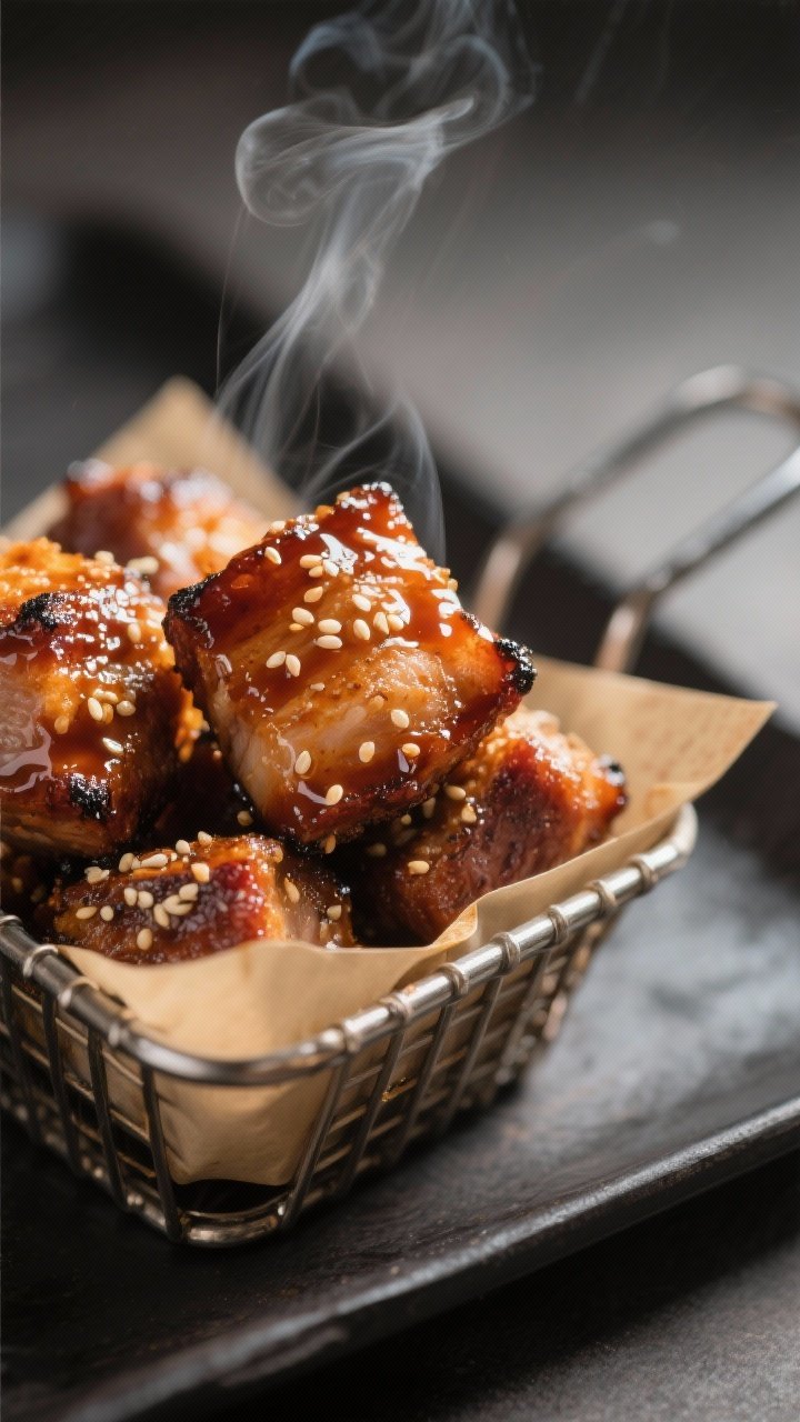 Glazed air fried hoisin pork bites showing sauce and crisp edges