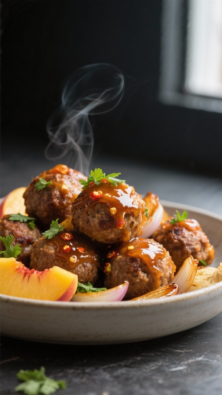 Close-up detail: Glazed air-fried meatballs fresh from the bowl, coated in glossy mango chutney glaz