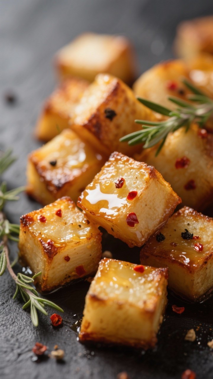 Close-up detail: Glazed air-fried turnip cubes just after the final 3–5 minute caramelization, edg