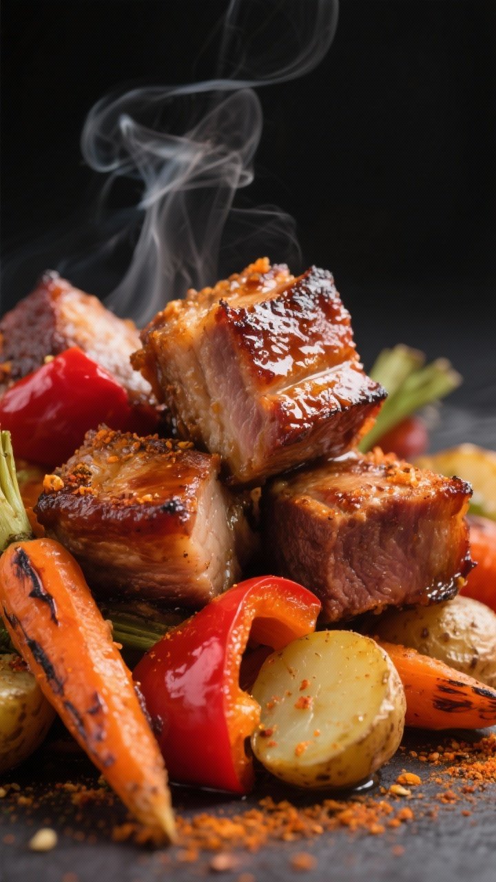 Close-up detail: Glazed cubes of air-fried pork shoulder with deep caramelized edges nestled among l