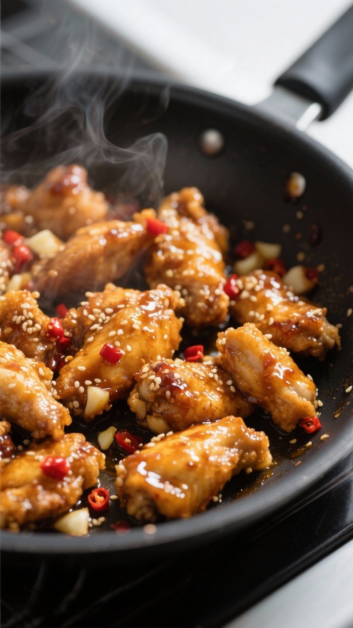 Close-up detail: Glazed General Tso’s chicken just after tossing in the skillet, each golden-crisp