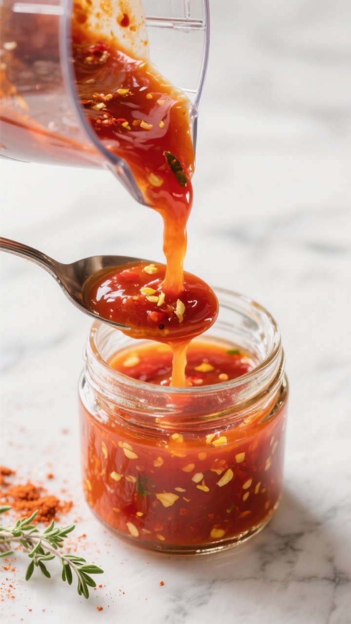 Close-up detail: Glossy peri peri sauce streaming from a blender into a small glass jar, vivid red-o