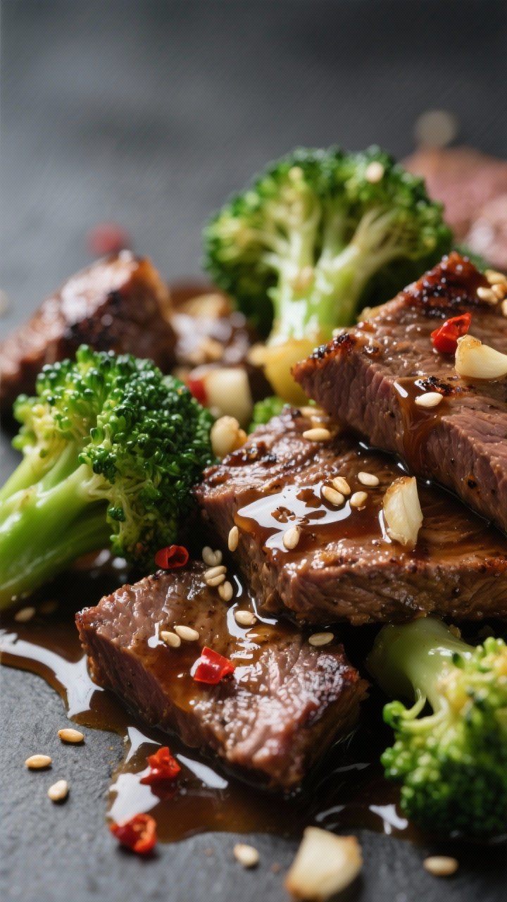 Close-up detail — Glossy soy-garlic sauce coating tender beef and bright-green broccoli: macro sho