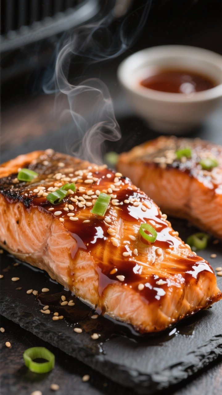 Close-up detail: Glossy teriyaki-glazed salmon just out of the air fryer, lacquered surface with lig