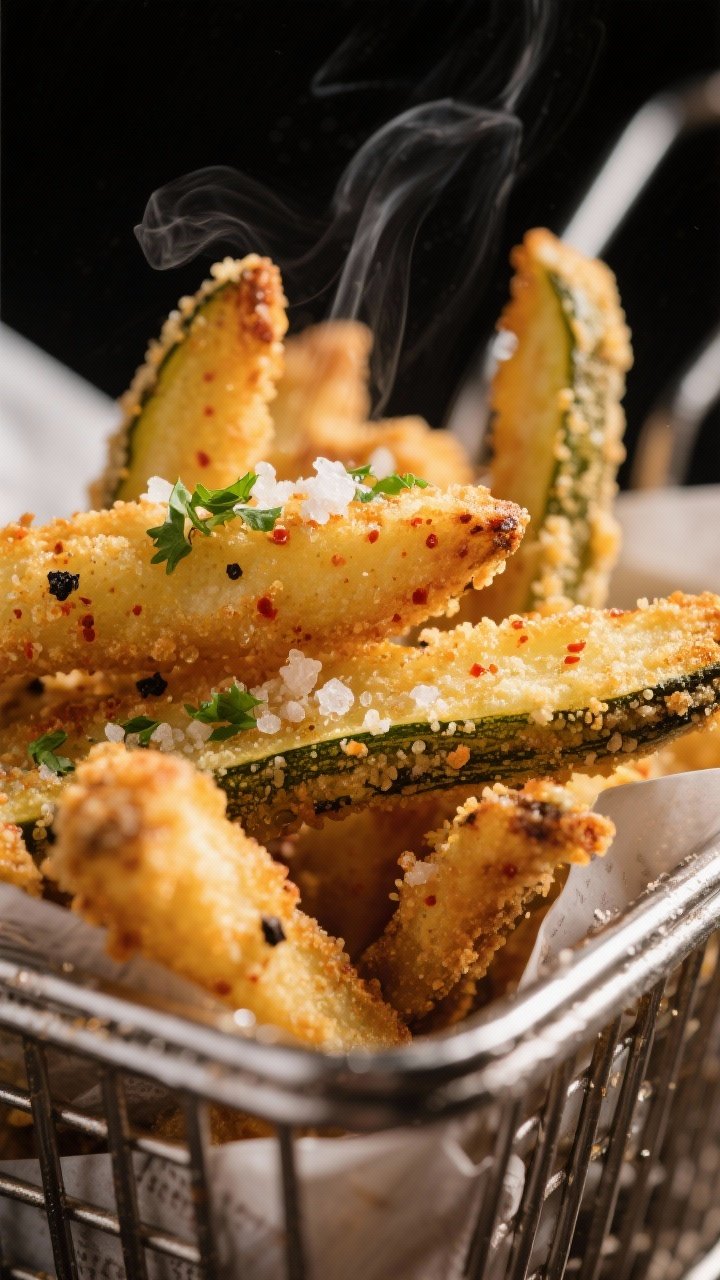 Close-up detail: Golden air-fried baby marrow fries just out of the basket, crisp panko-Parmesan cru