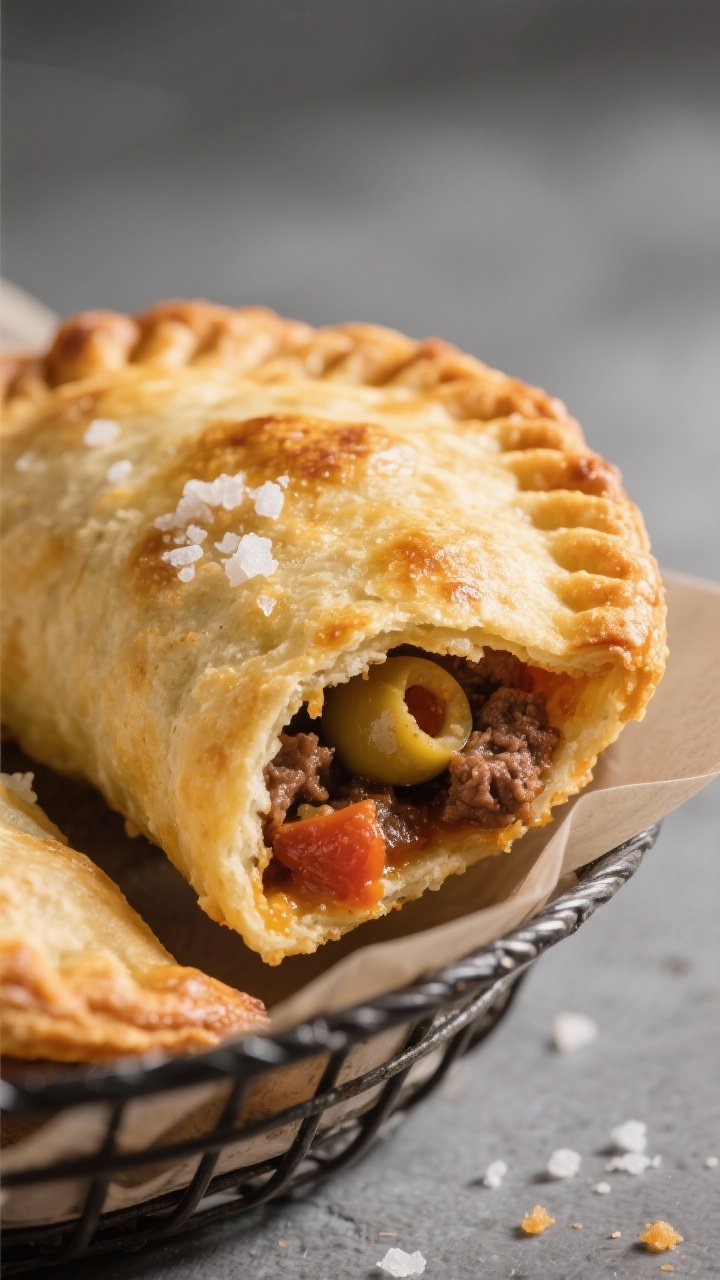 Close-up of a golden brown air fried empanada with flaky crust