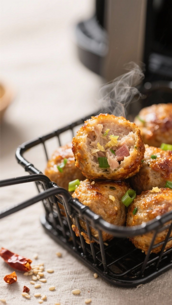 Close-up detail: Golden air-fried chicken-and-pork meatballs just out of the basket, crisped, bliste