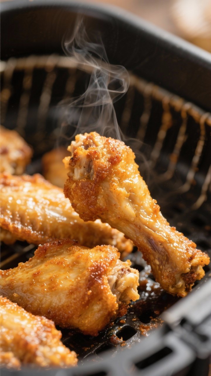 Close-up detail: Golden, air-fried chicken wings just out of the basket, skin visibly crackly from c