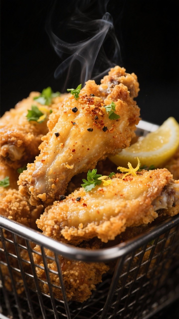 Close-up detail: golden air-fried chicken wings just out of the basket, ultra-crisp panko crust glis