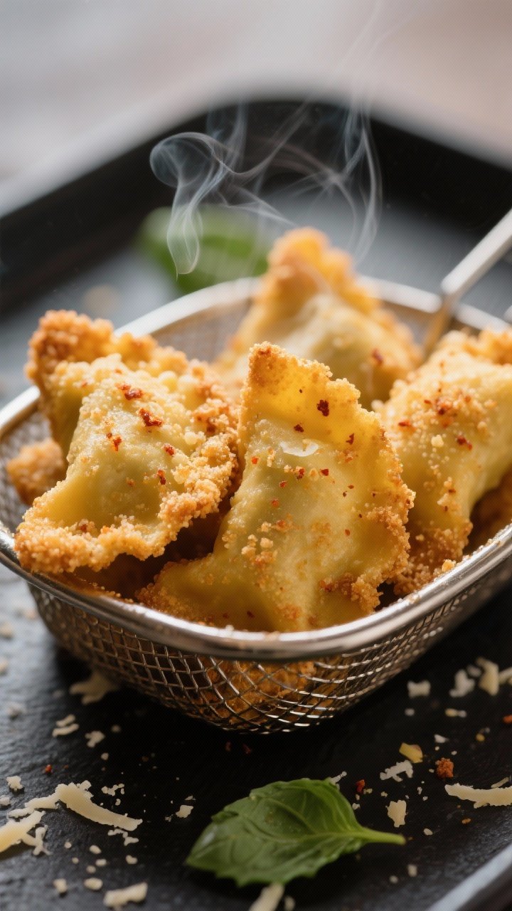 Close-up detail: Golden, air-fried crumbed agnolotti just out of the basket, ultra-crispy panko-Ital