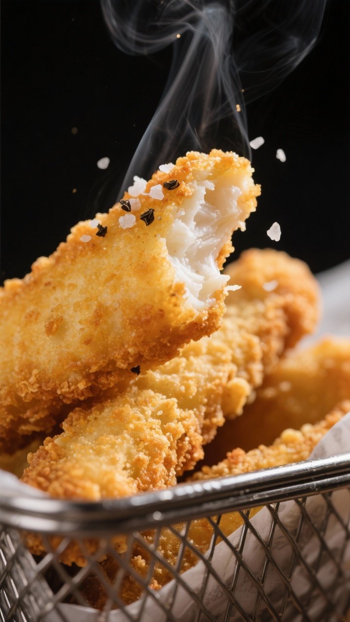 Close-up detail: Golden air-fried fish fingers just out of the basket at 400°F, edges sizzling and 