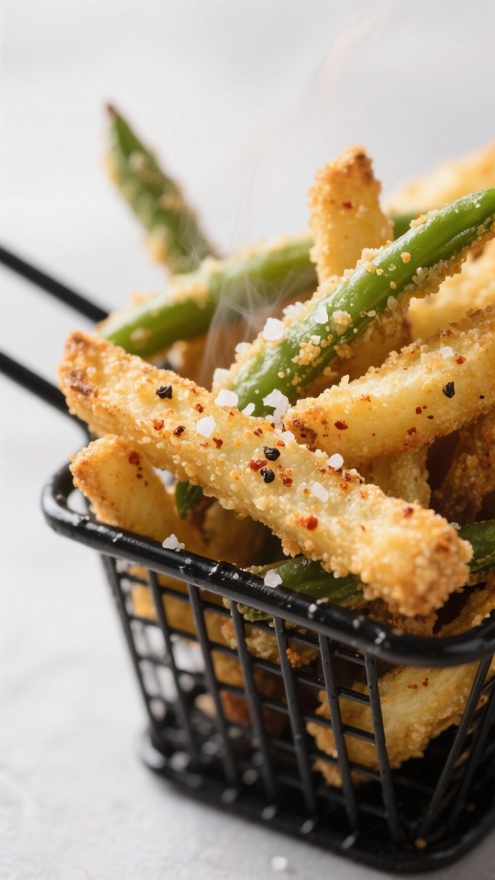 Close-up detail: Golden air-fried green bean fries just out of the basket, ultra-crisp panko-Parmesa