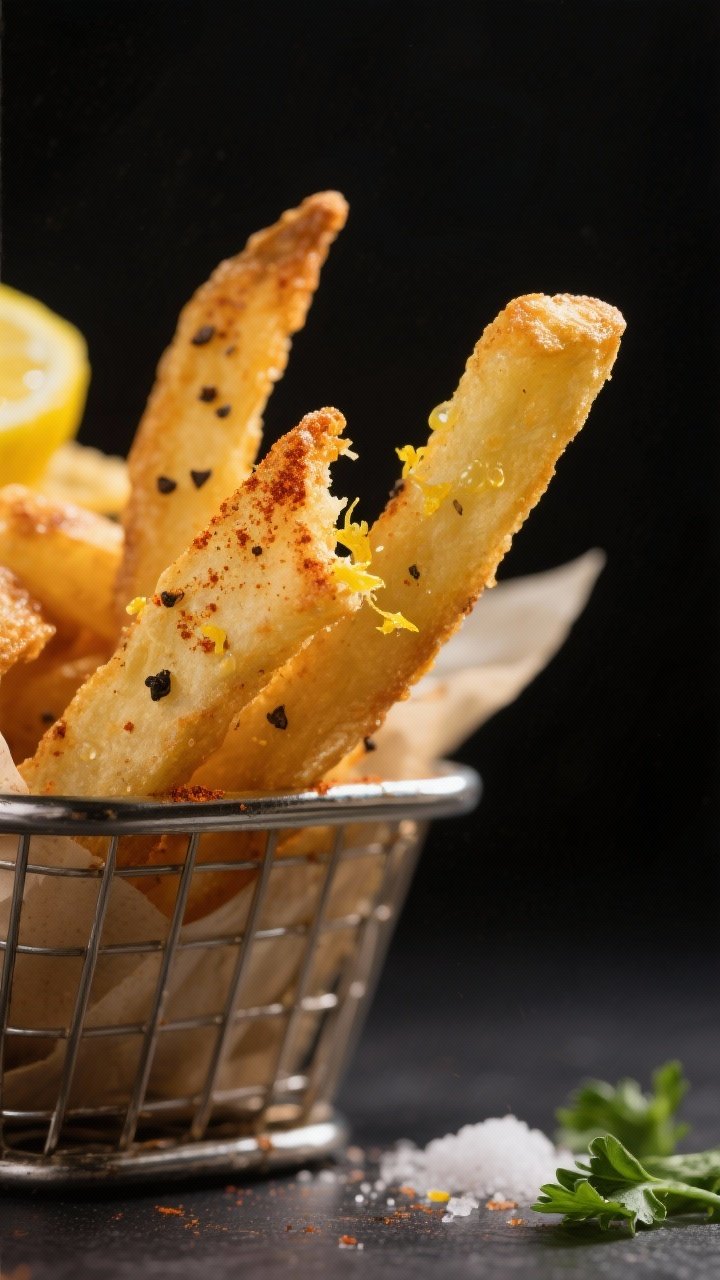 Close-up detail: Golden air-fried lemon pepper fries just out of the basket, edges deeply crisp with