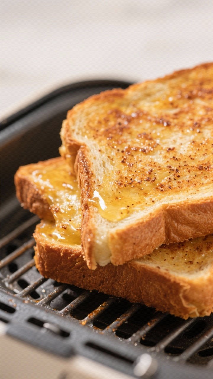 Close-up detail: Golden air-fried “Not-so-Frenchie” toast just after the flip, edges crisp and s