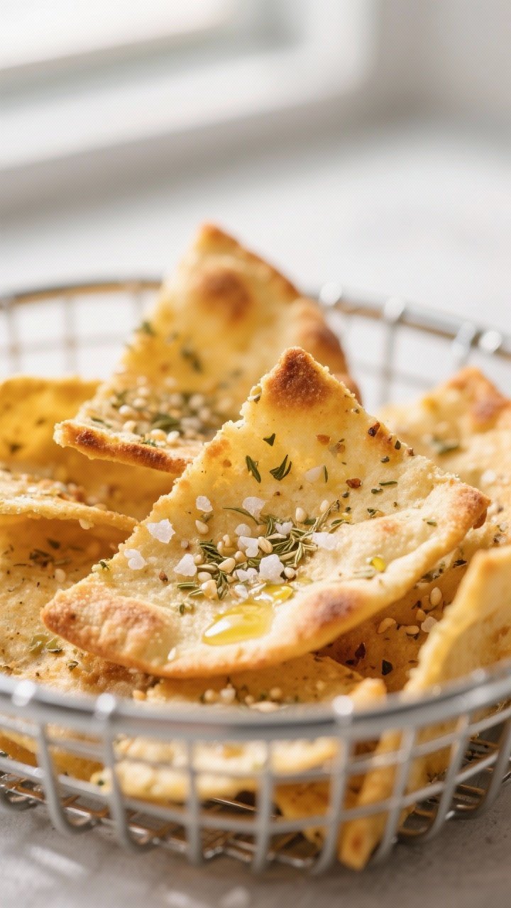 Close-up detail: Golden, air-fried pita chips fresh from the basket at 350°F, edges slightly bliste