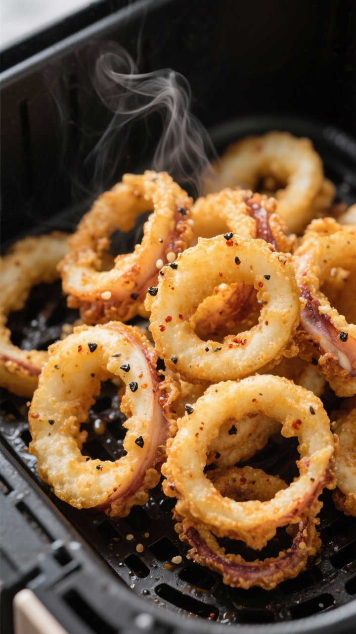 Close-up detail: Golden, air-fried salt and pepper calamari rings and tentacles just out of the bask