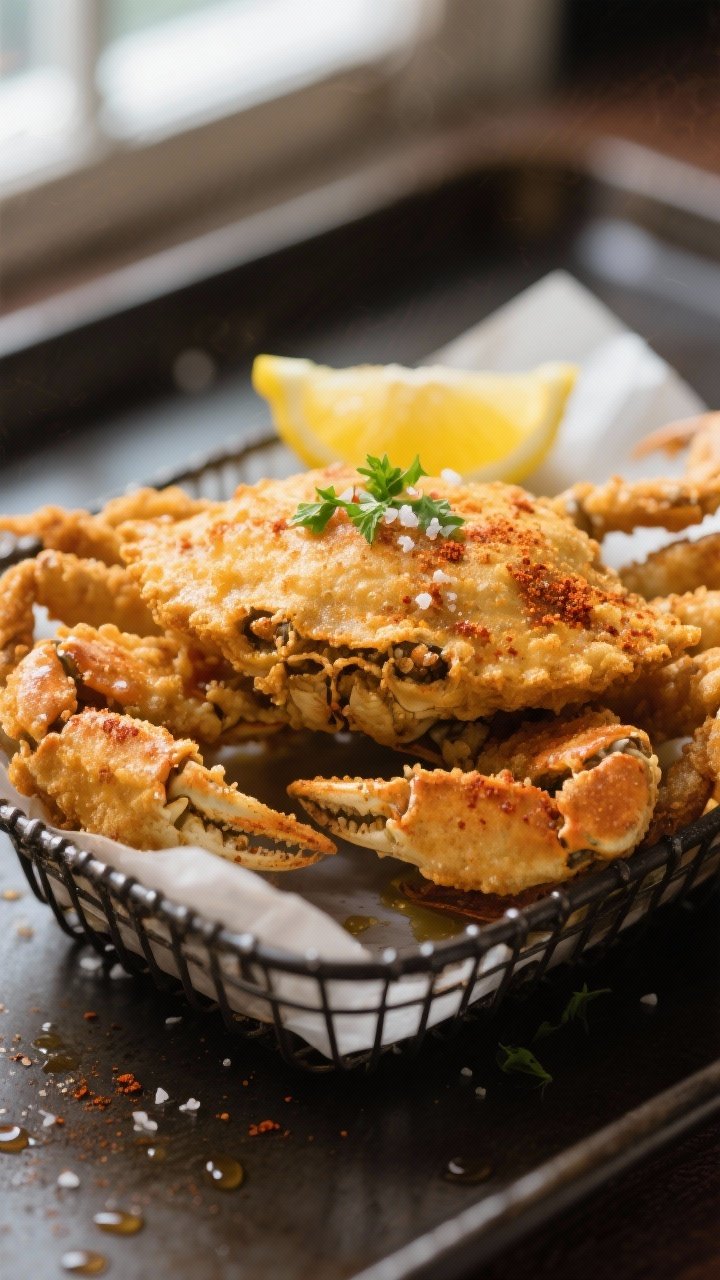Close-up detail: Golden air-fried soft shell crab just out of the basket, shell side up, showing a d