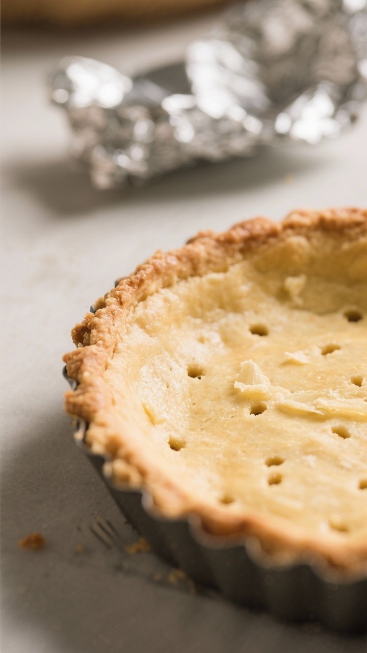 Close-up detail: Golden, air-fried tart crust just after blind baking, edges lightly browned with a