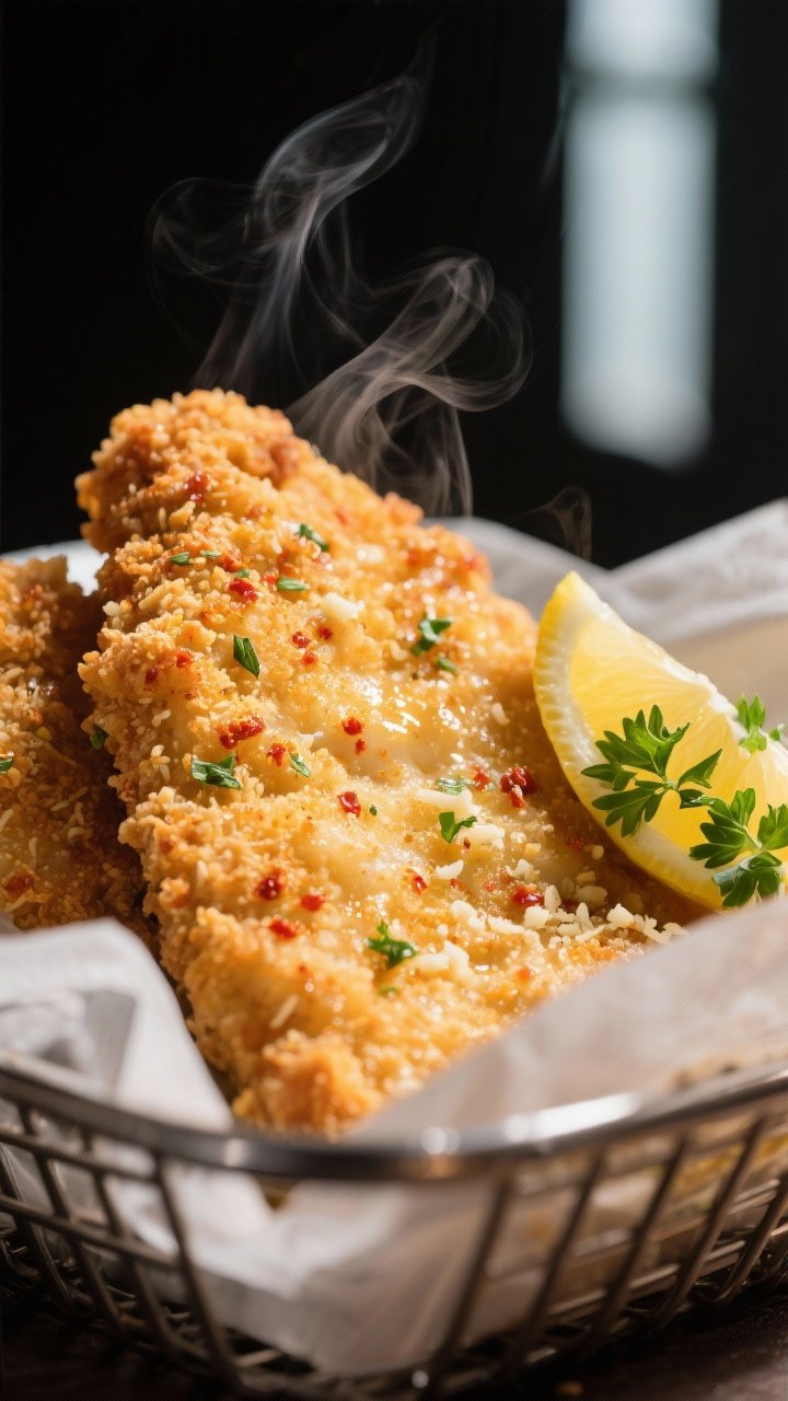 Close-up detail: Golden air-fried yoghurt chicken schnitzel just out of the basket, ultra-crispy pan