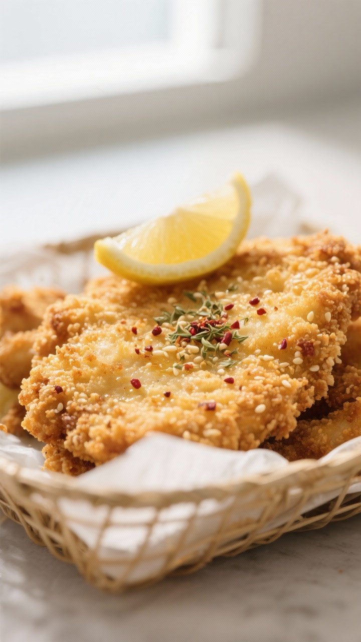Close-up detail: Golden, air-fried za’atar chicken schnitzel just out of the basket, ultra-crispy 