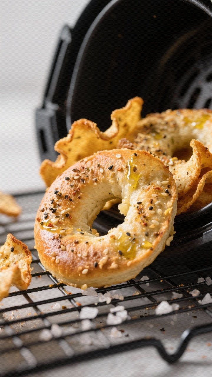 Close-up detail: Golden air fryer bagel chips just out of the basket, edges curled and blistered wit