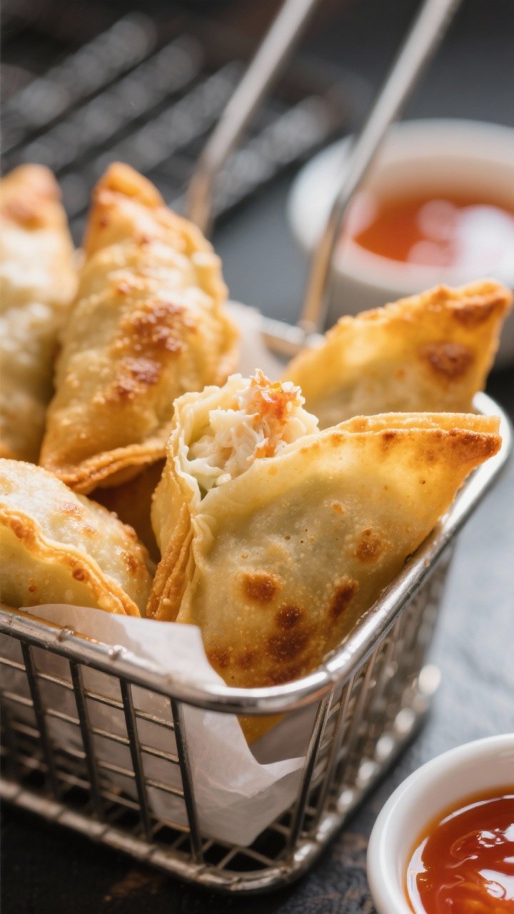 Close-up detail: Golden, blistered Air Fryer Crab Rangoons just out of the basket, edges crisp and b