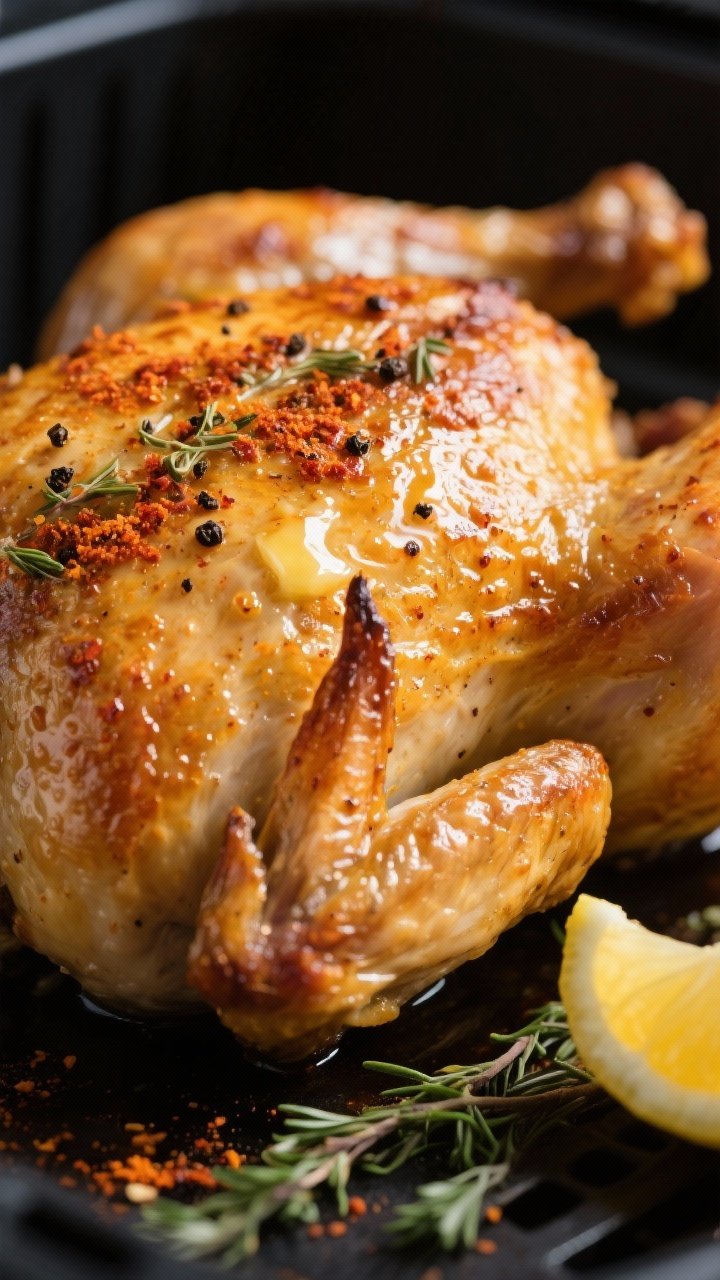 Close-up detail: Golden, blistered chicken skin on an air-fried whole roast chicken, glistening with