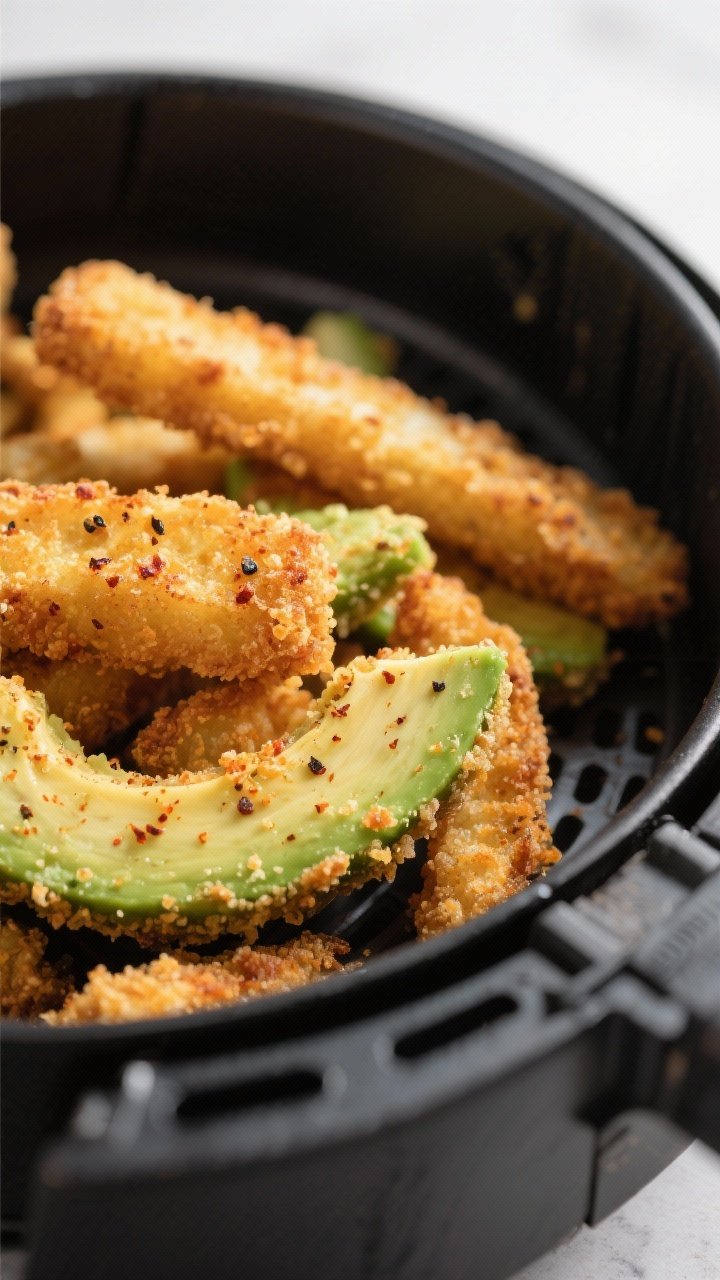 Close-up detail: Golden-brown air-fried avocado fries fresh from the basket, panko crust visibly cri