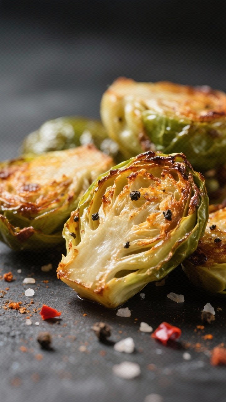 Close-up detail: Golden-brown air-fried Brussels sprouts cut-side down with deeply caramelized edges
