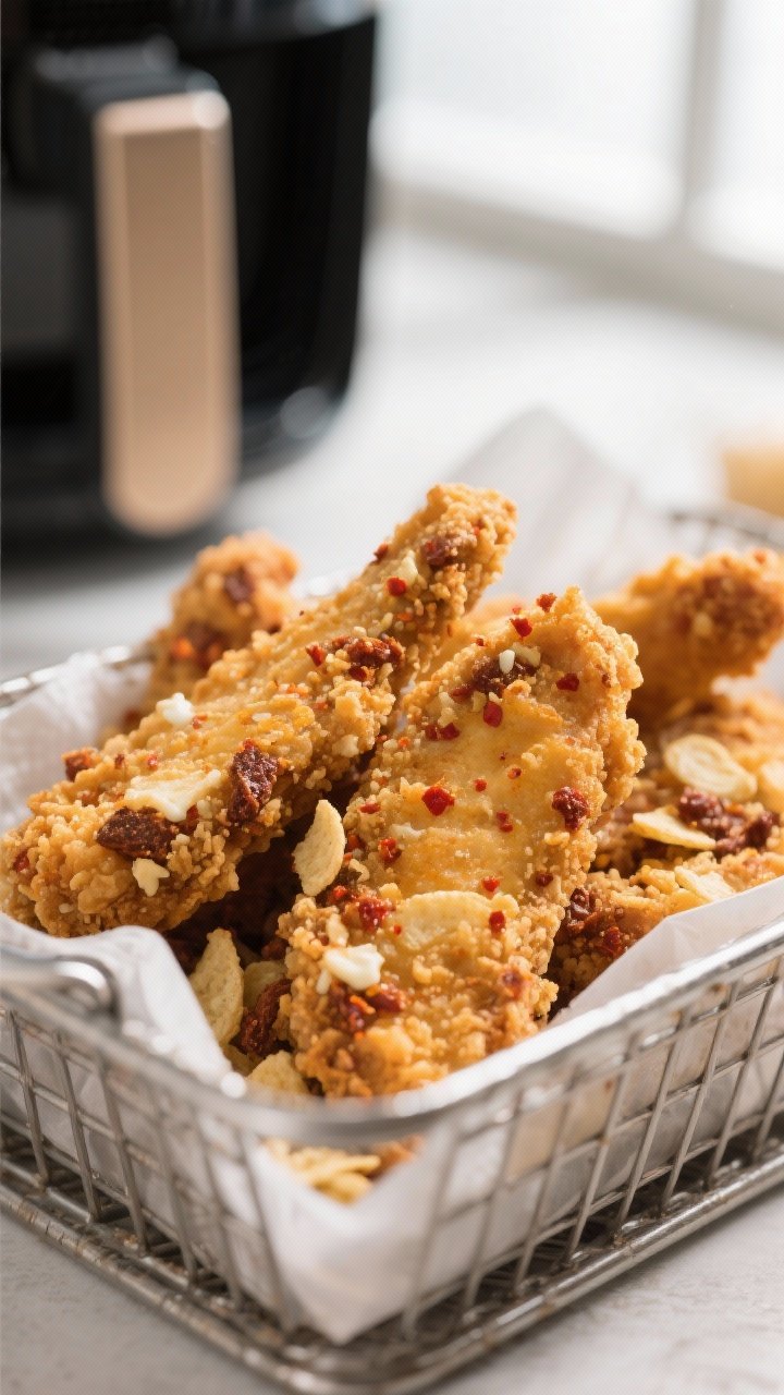 Close-up detail: Golden-brown air-fried chicken strips just out of the basket, crust made from crush