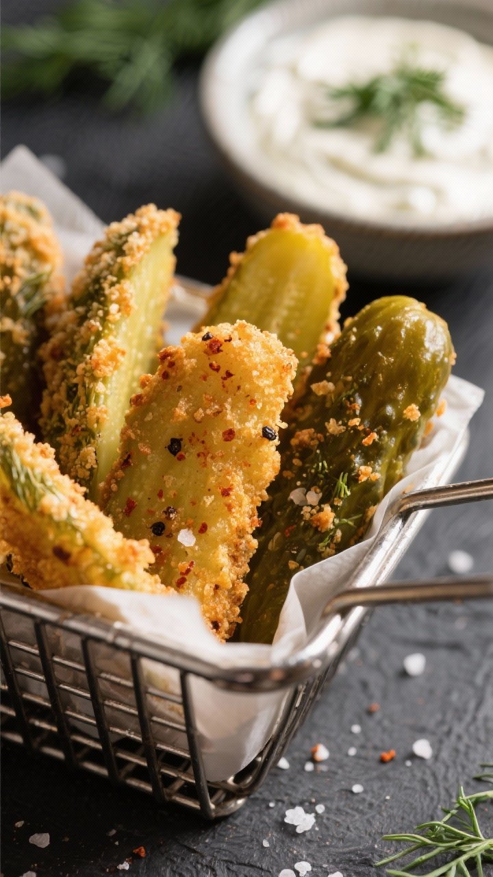 Close-up detail: Golden-brown air-fried dill pickle spears just out of the basket, crumbs visibly cr