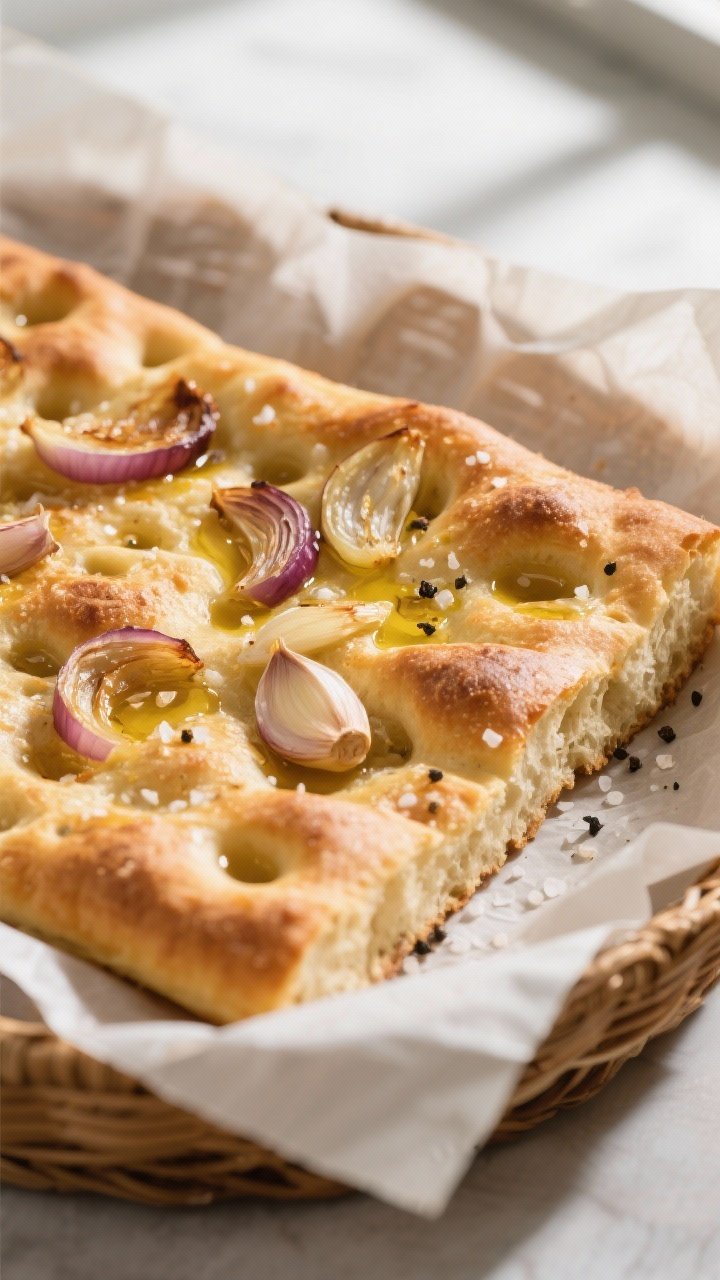 Close-up detail: Golden-brown air-fried focaccia just out of the basket, surface covered in deep, ol